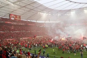 Bayer Leverkusen fans celebrate after 120-year wait for league title