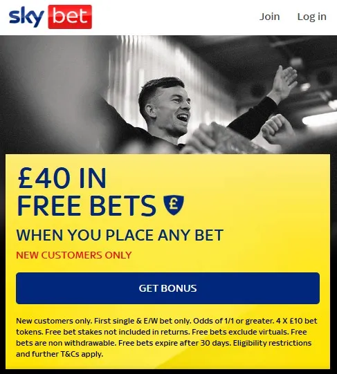 sky bet review and sports sign up bonus, 40 in free bets