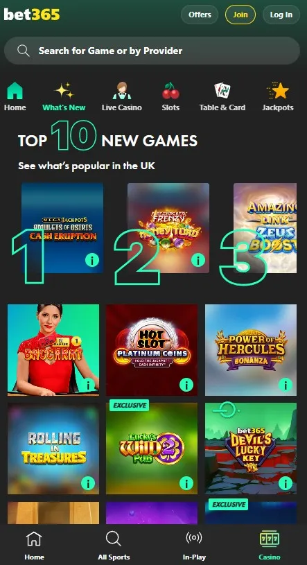 bet365 top 10 casino games in the uk, mobile view of the casino section