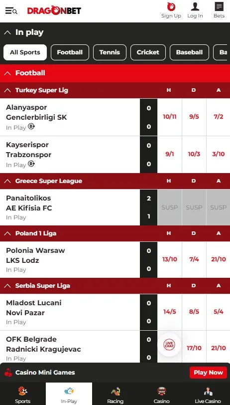 dragonbet review, in-play mobile preview