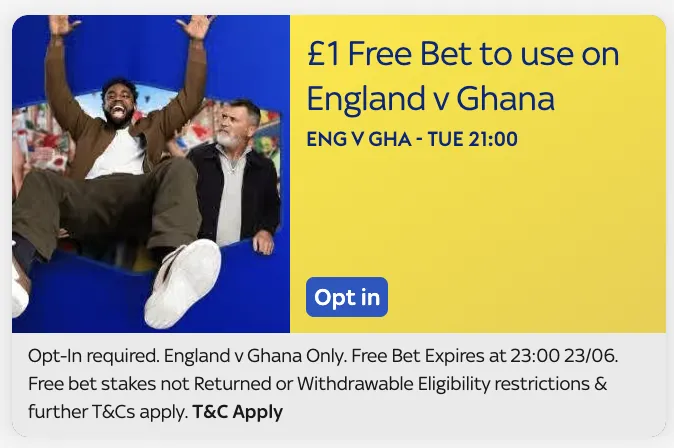 No deposit free bet at Sky Bet for England Ghana match