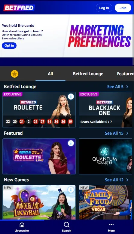 betfred live casino section, mobile preview