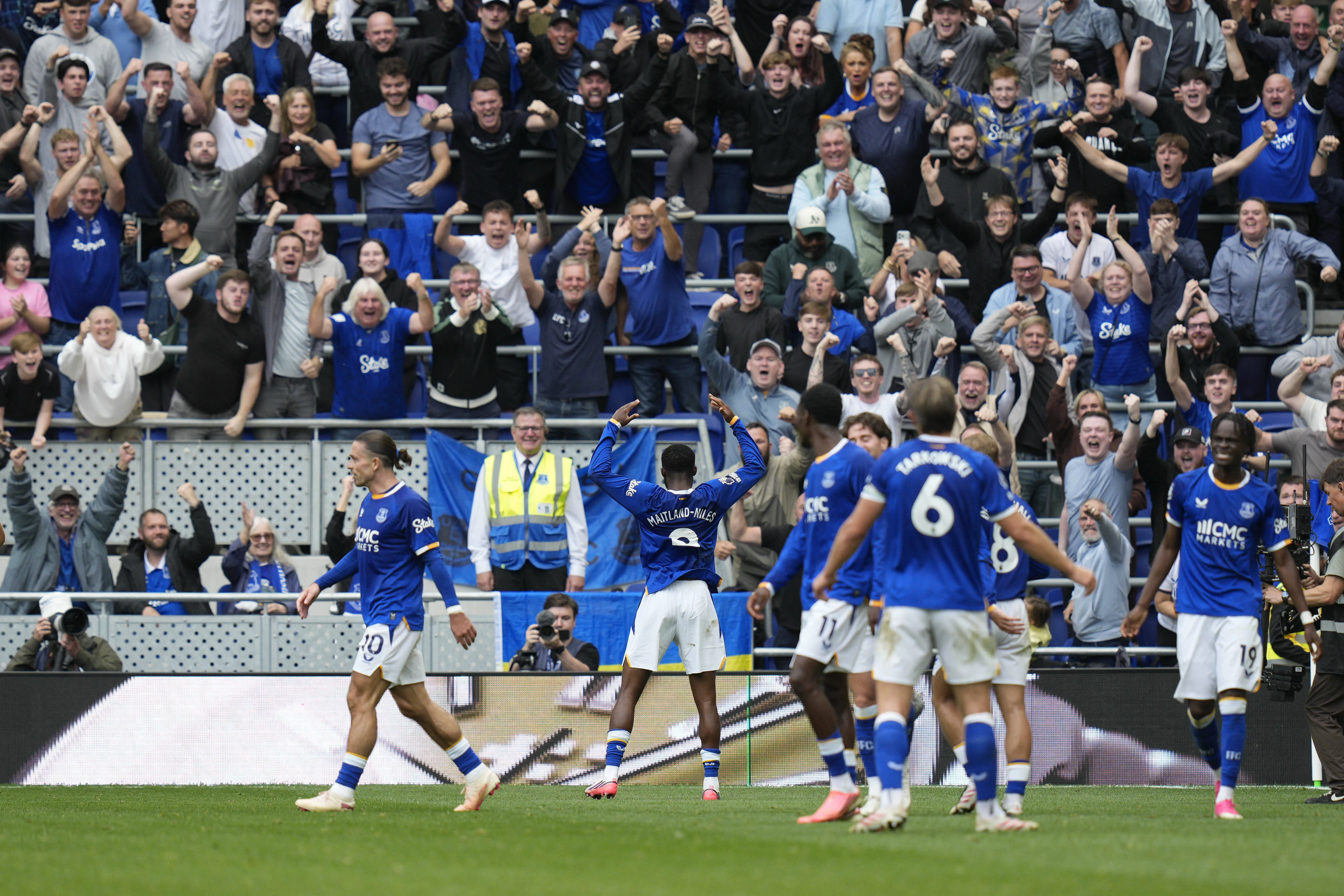 Maitland-Niles of Everton celebrates with the fans at Hill Dickinson Stadium