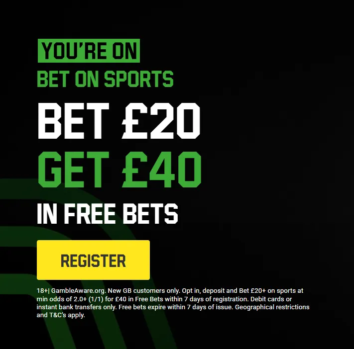 Unibet sign up offer landing page showing bet &pound;20, get &pound;40 in free bets