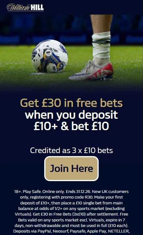 William Hill sports offer details - get &pound;30 in free bets