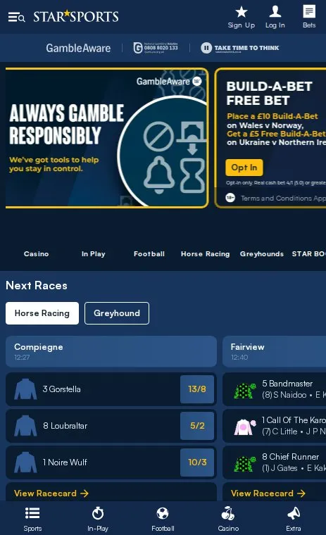 Star Sports mobile homepage with its promotions carousel, including a Build-A-Bet free bet