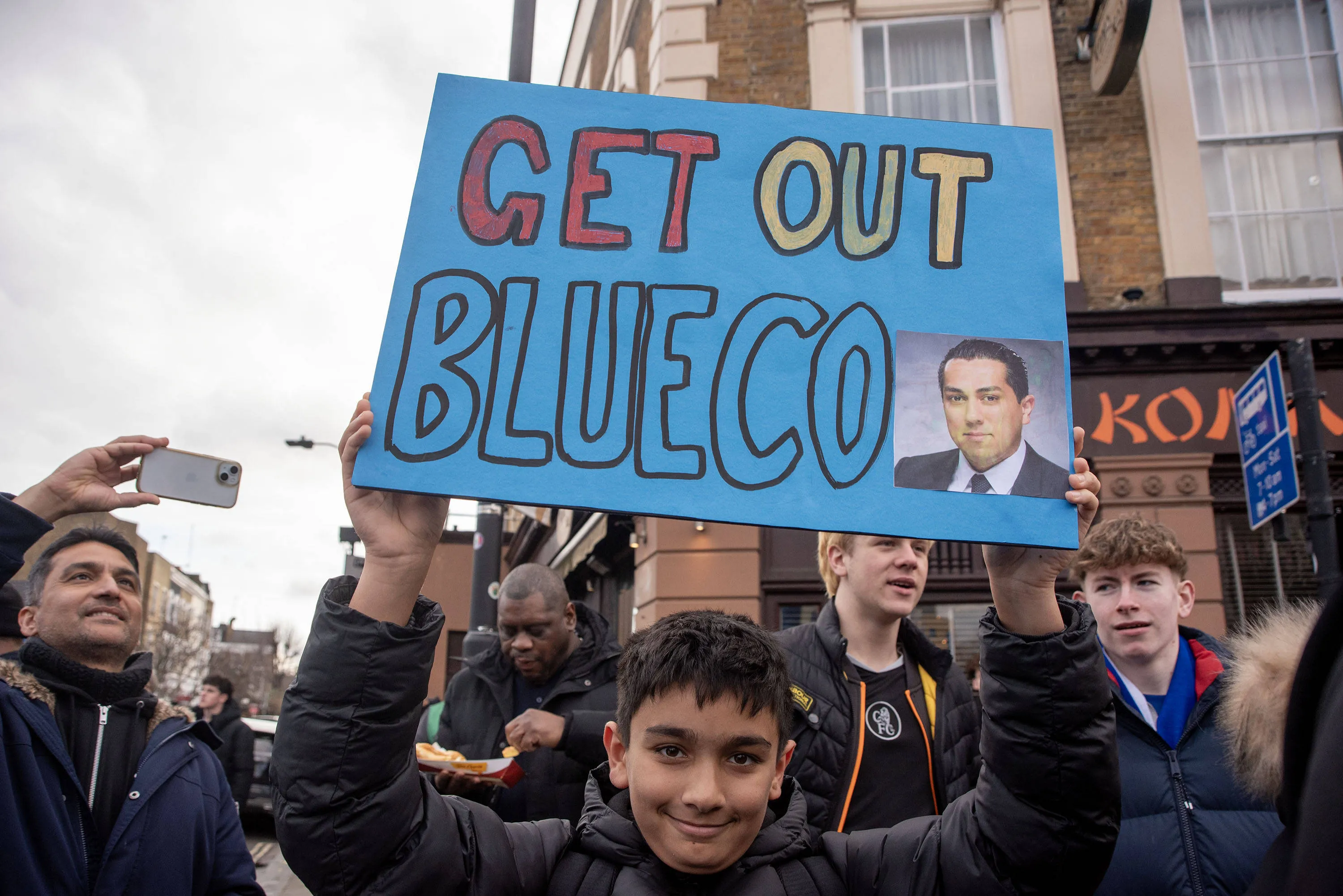 Chelsea fans gathered outside Stamford Bridge to protest against BlueCo