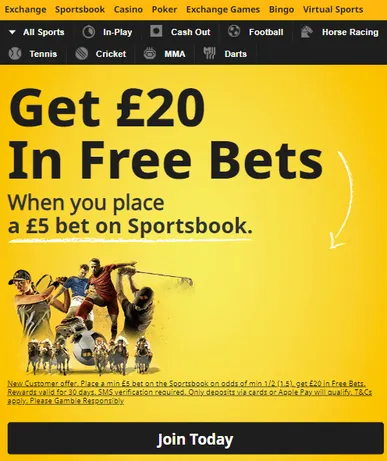 Betfair UK get 20 in free bets in the sportsbook