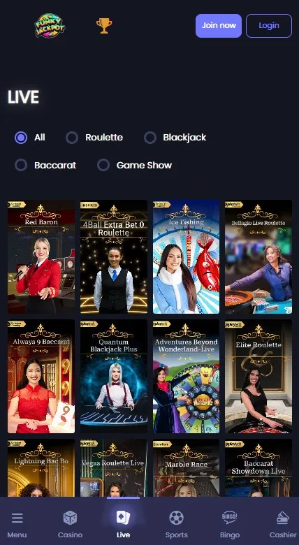funky jackpot review: live casino section