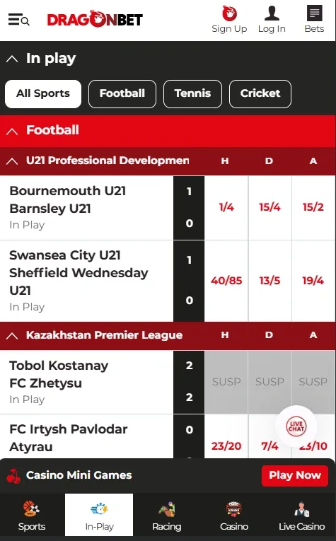 dragonbet app review, in play betting tab