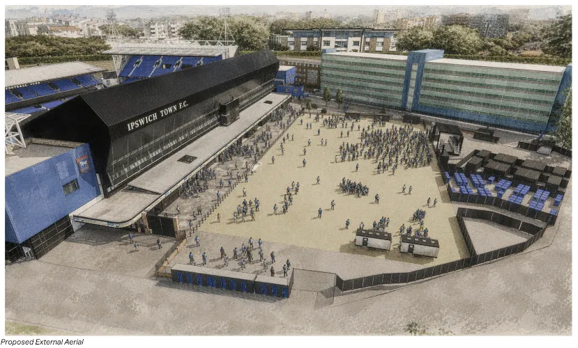 View of the proposed external area outside the West Stand at Portman Road
