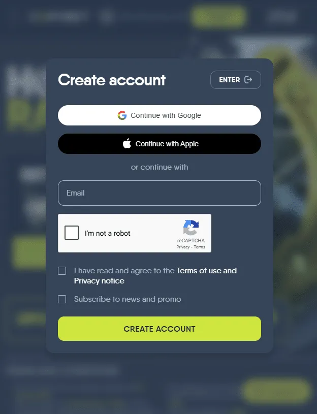 first step of creating a new account on copybet UK
