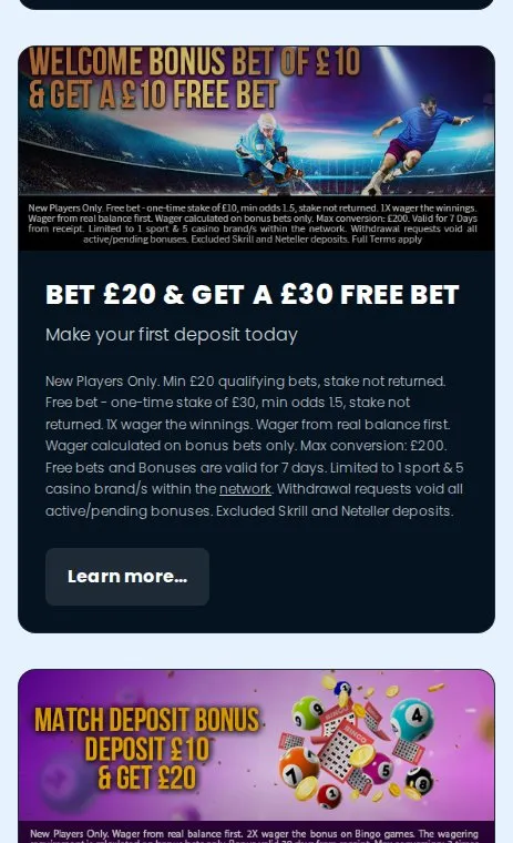 Funky Jackpot promotions page on mobile showing its sports free bet offers