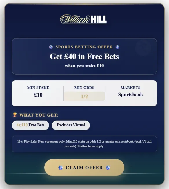 William Hill sports offer details - get &pound;40 in free bets