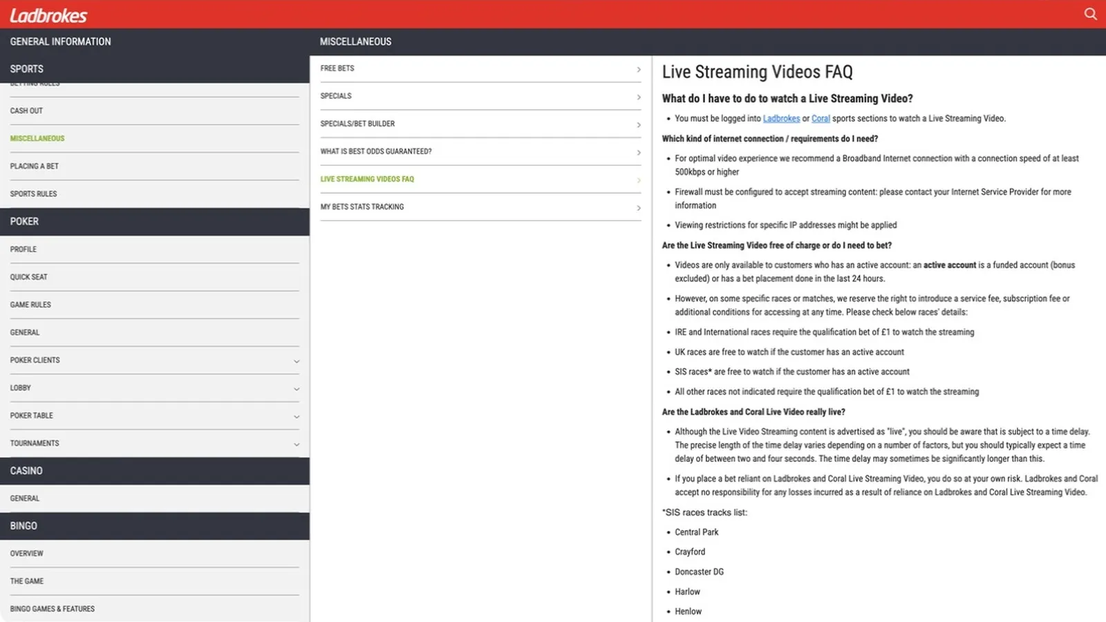 Ladbrokes Live Streaming FAQ stating an active account means a funded account or a bet placed in the last 24 hours