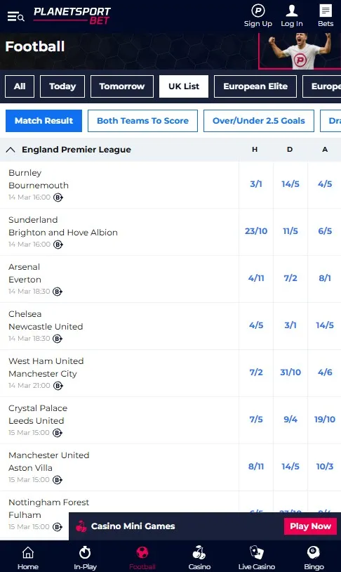 planet sport bet uk football list