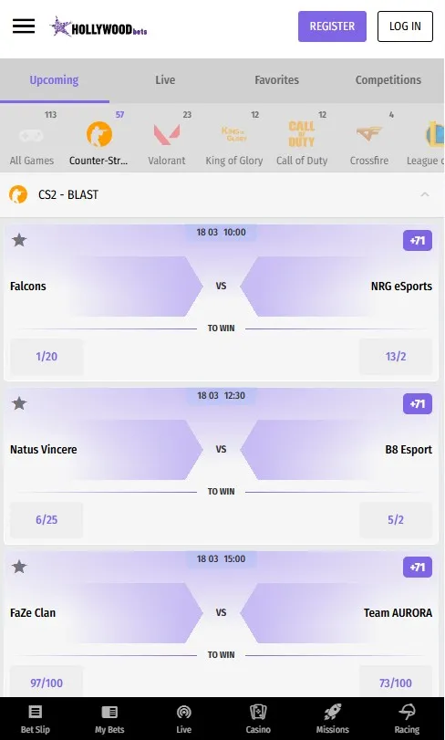 hollywoodbets upcoming esports events, mobile site preview