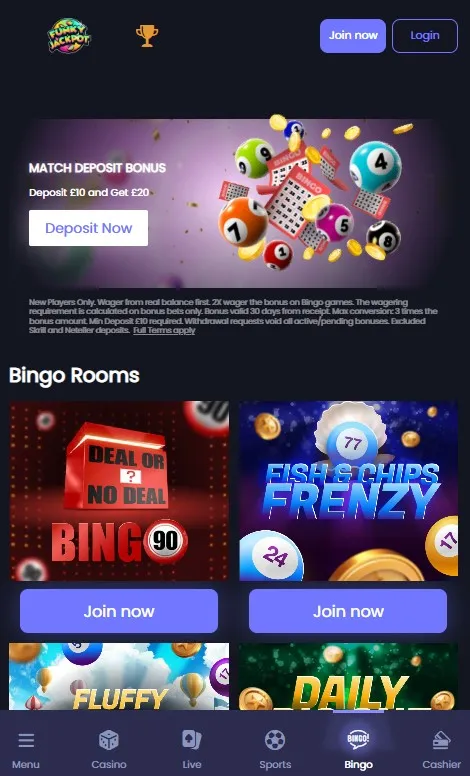 funky jackpot sports bingo rooms