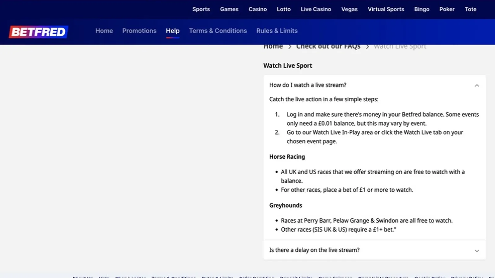 Betfred FAQ stating a live stream needs money in the Betfred balance, with a &pound;1 bet required for some races