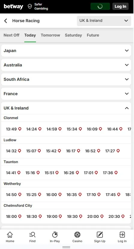 betway mobile preview of horse racing events in UK and Ireland
