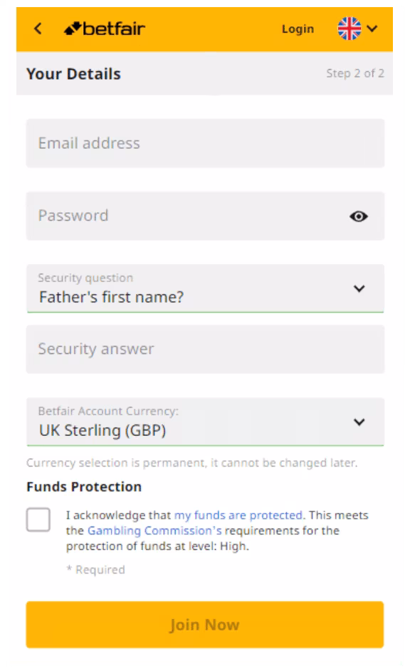 betfair registration page