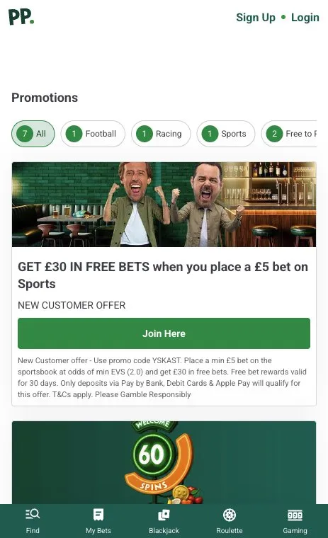 Paddy Power promotions page on mobile