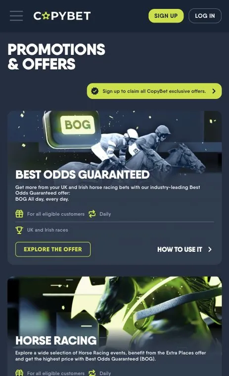 CopyBet promotions and offers page on mobile