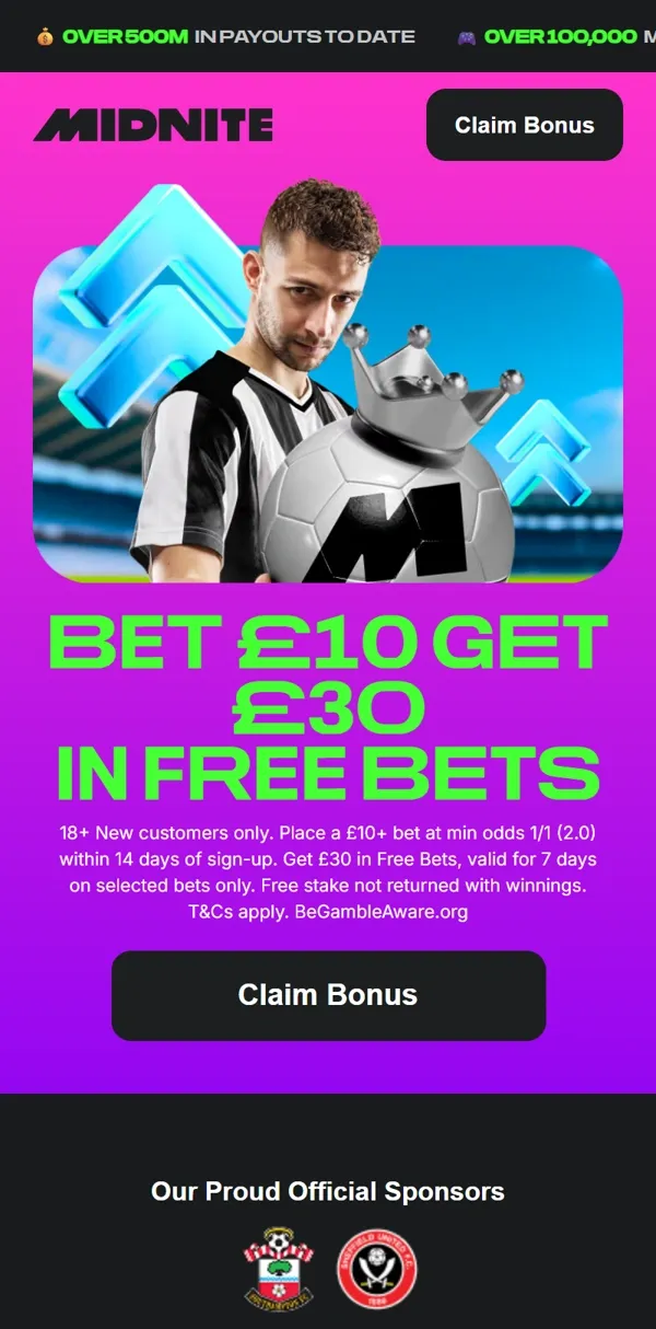 Midnite sports sign up offer screenshot on mobile: bet &pound;10 and &pound;30 in free bets