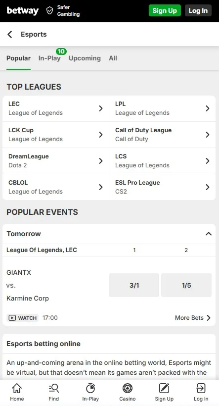 betway review, mobile preview of the esports section