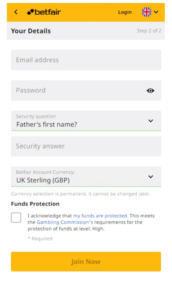 betfair registration page