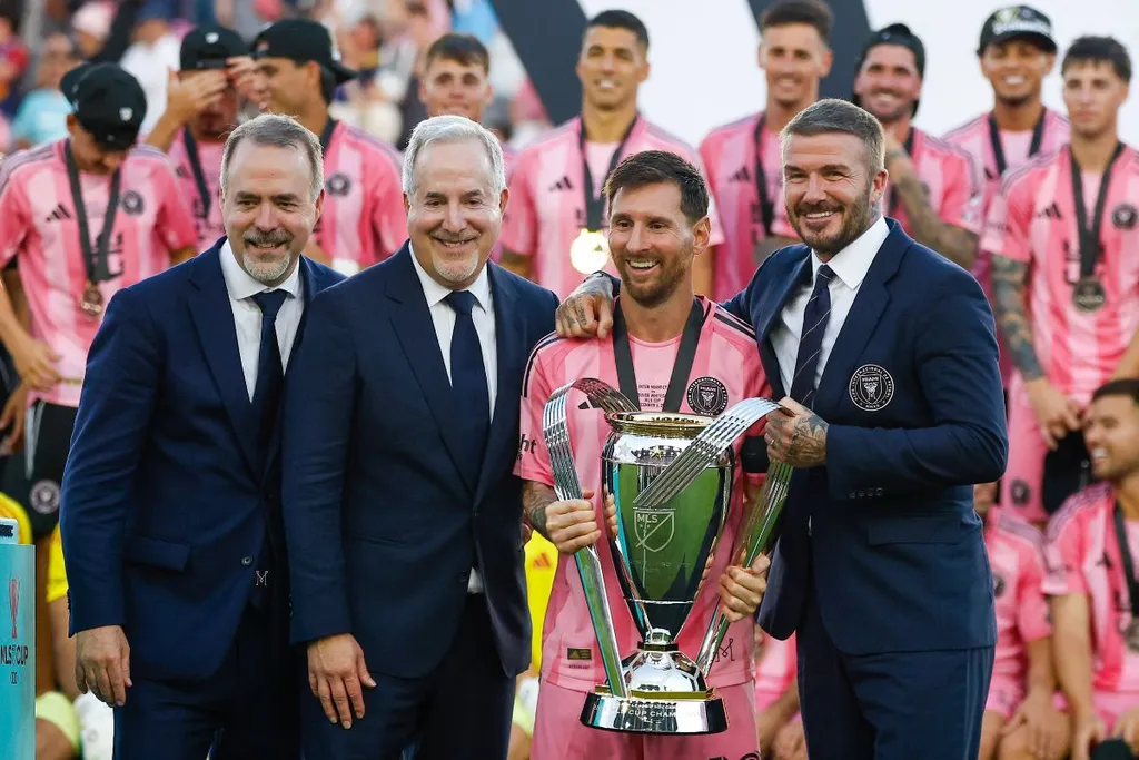 Inter Miami's Lionel Messi with David Beckham, Jorge Mas, and Jose Mas